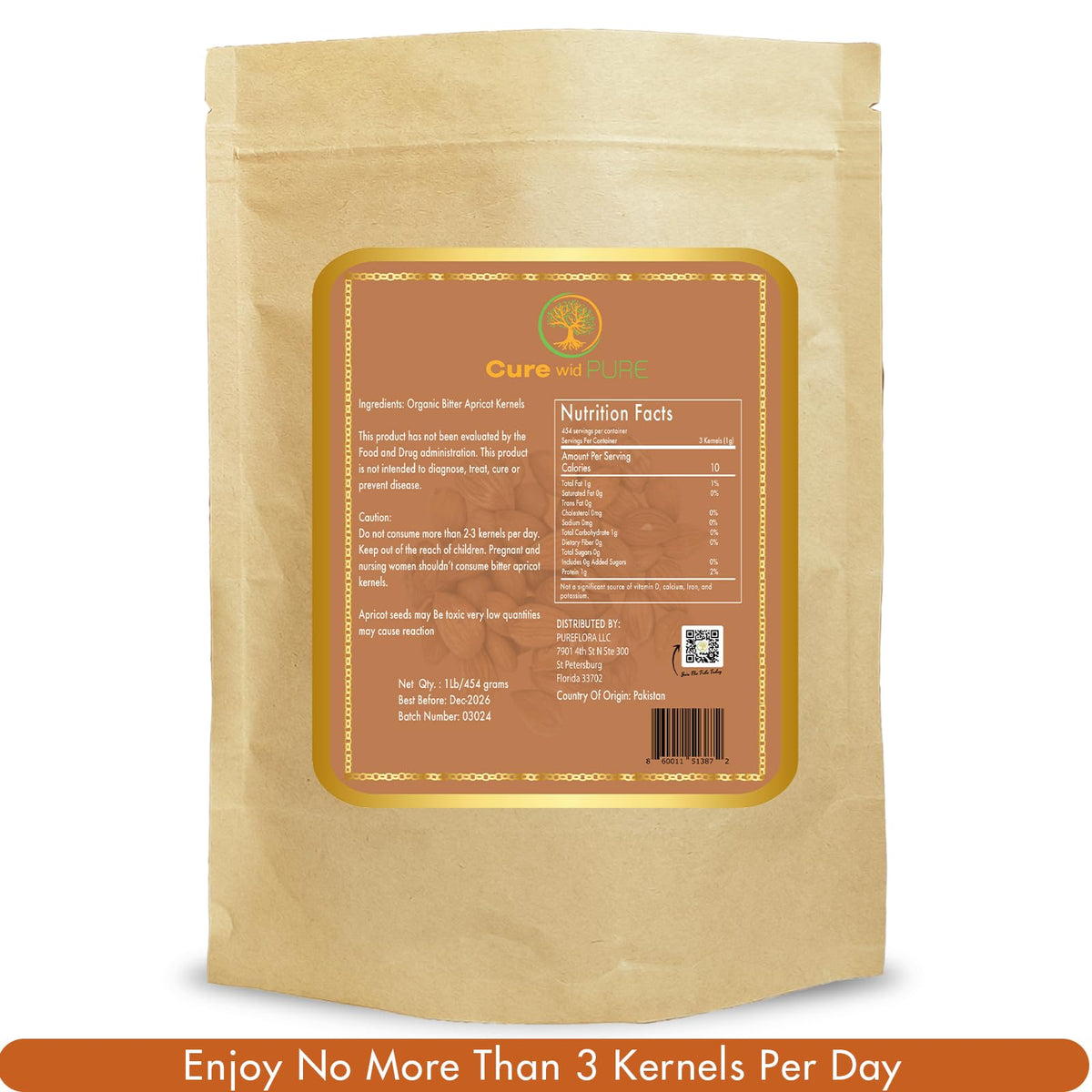 Cure wid Pure resealable pouch maintains freshness of apricot seeds