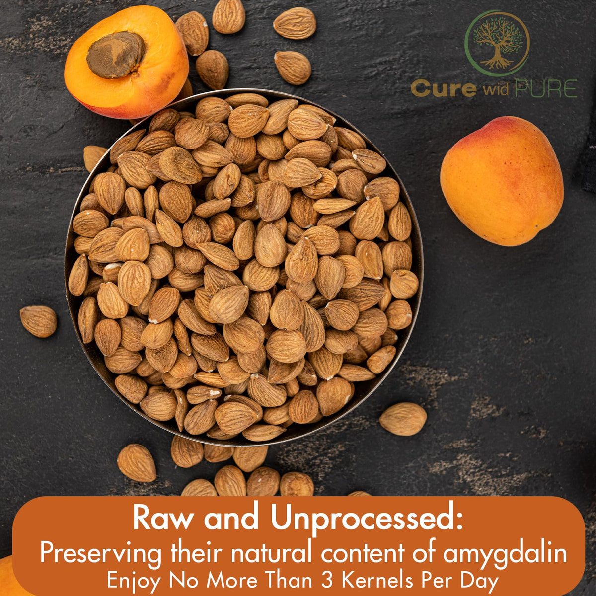 Cure wid Pure non-GMO apricot seeds for clean, wholesome snacking