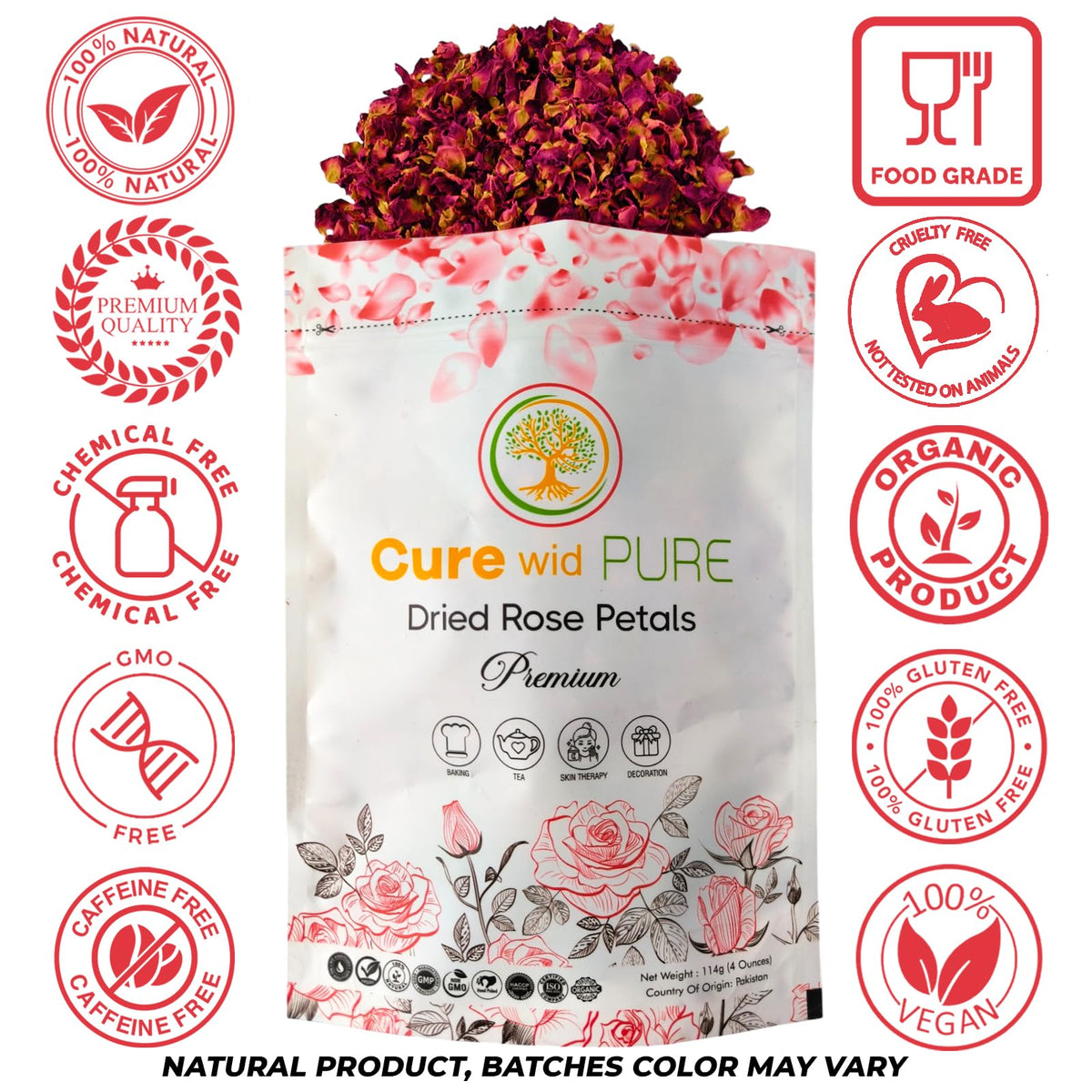 Cure wid Pure rose petals for tea, infusing floral aroma.