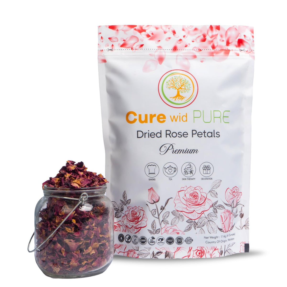 Cure wid Pure sun-dried rose petals, ideal for tea and confections.
