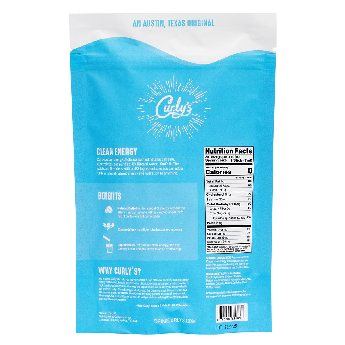 Curly's Clean Energy Stick dispersing into a glass for instant mix