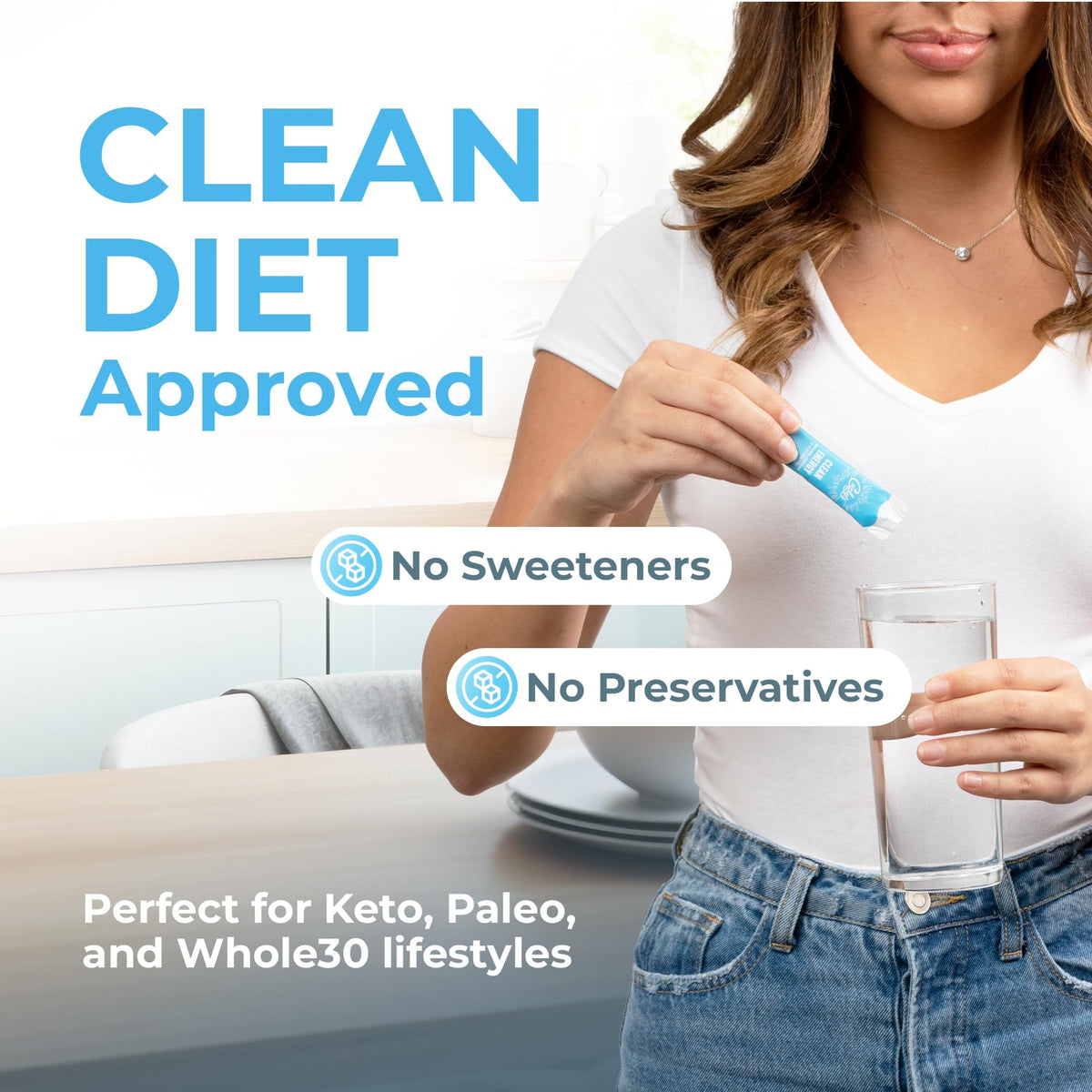 Curly's Clean Energy Stick flat lay with glass and bottle