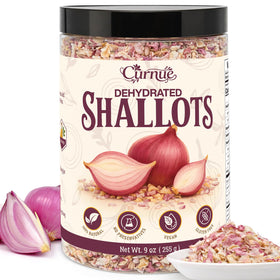 Curnue dehydrated shallots jar front for quick sauces and dressings.