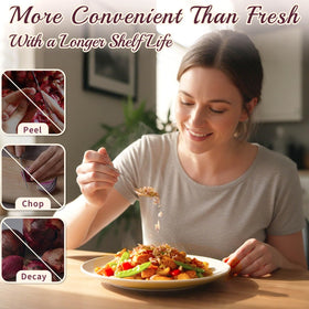 Curnue dehydrated shallots packaging with resealable lid for easy use.