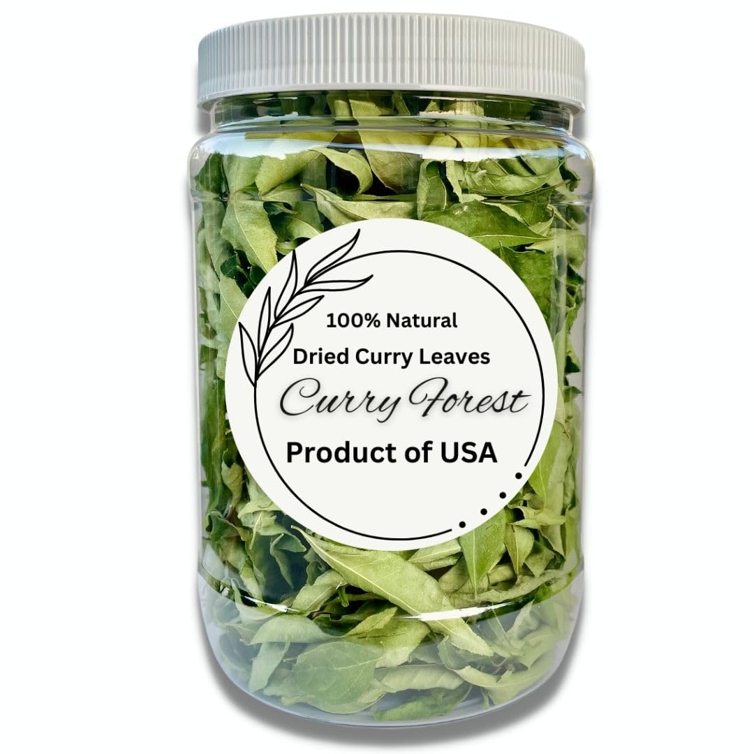 CurryForest premium dried curry leaves in jar, ideal for authentic South Asian cooking