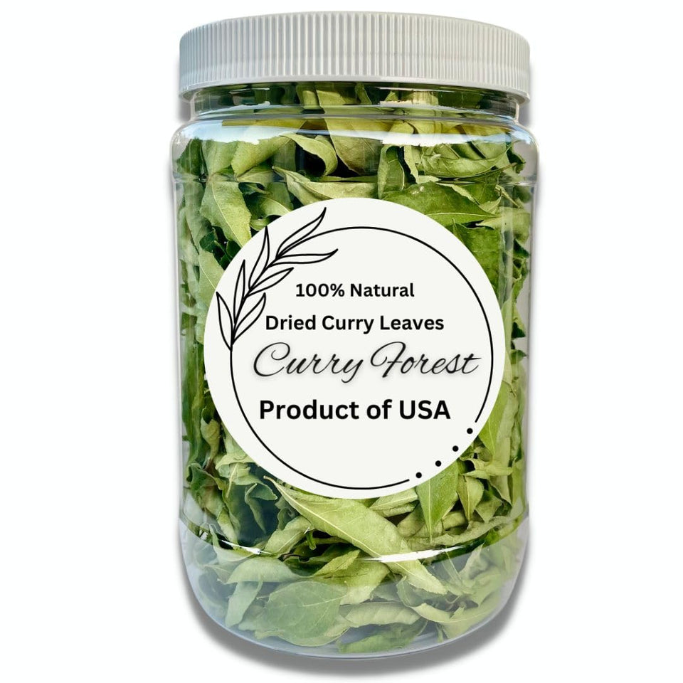 CurryForest premium dried curry leaves in jar, ideal for authentic South Asian cooking