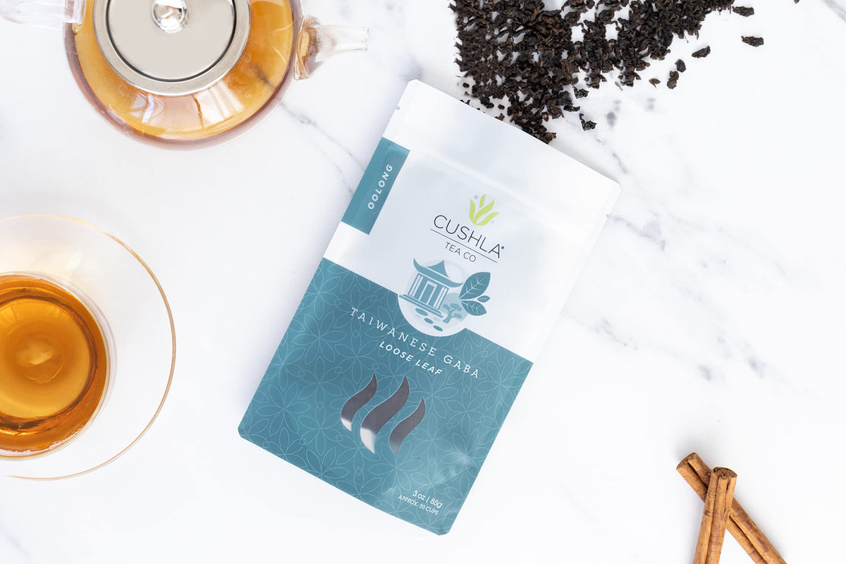 CUSHLA GABA Oolong infusion in a cup with warm caramel aroma for a calming ritual.