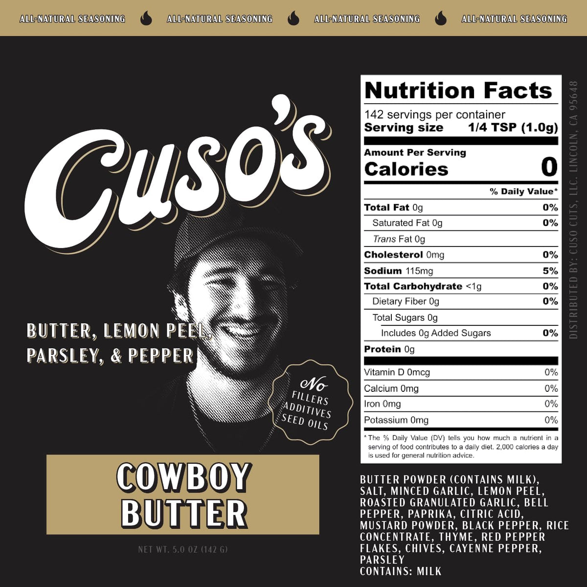 Cuso Cuts Cowboy Butter Seasoning adds bold flavor during grilling steaks.