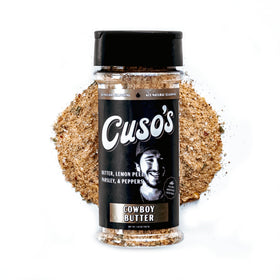 Cuso Cuts Cowboy Butter Seasoning on roasted garlic butter rub enhances steak with buttery, zesty aroma.