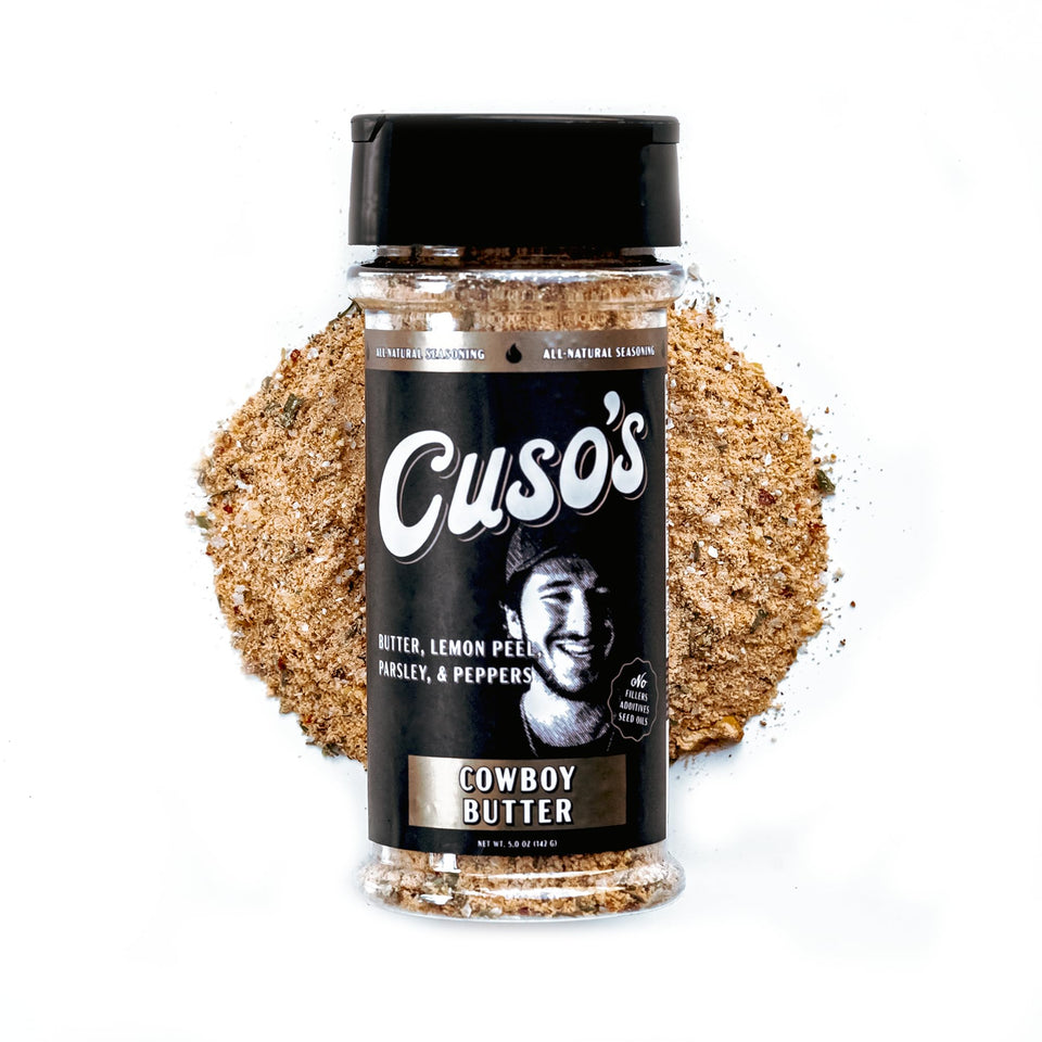 Cuso Cuts Cowboy Butter Seasoning on roasted garlic butter rub enhances steak with buttery, zesty aroma.