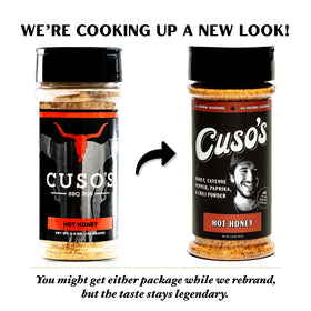 Cuso's Cuts Hot Honey BBQ rub ready for baked, grilled, or smoked meals.
