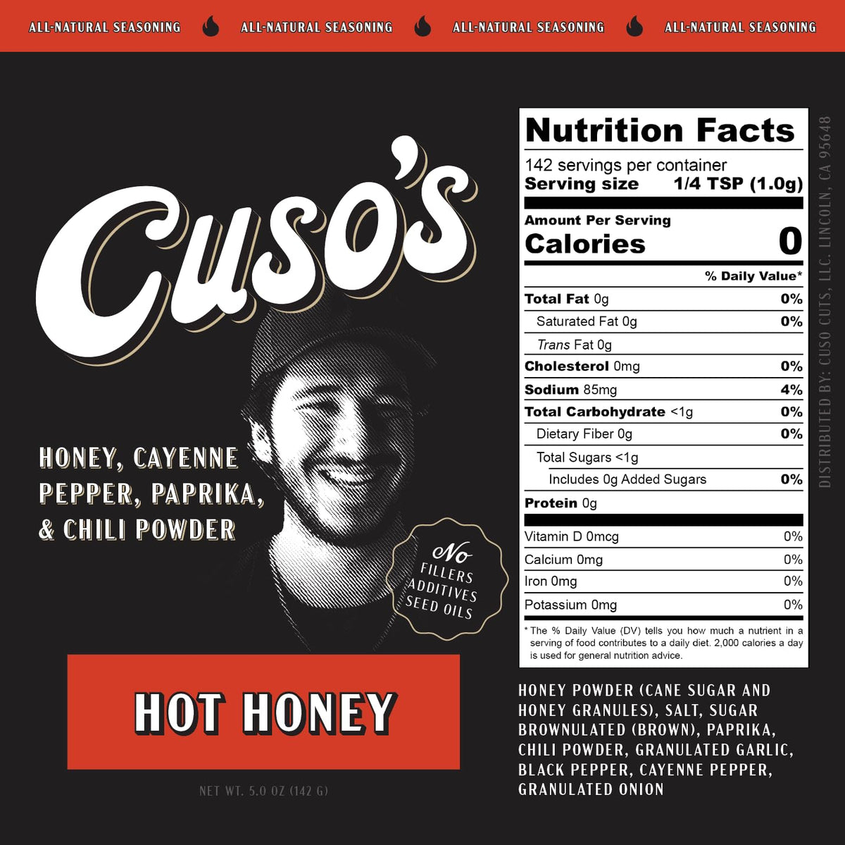 Close-up of Cuso's Cuts Hot Honey BBQ rub jar showing spices, ideal for pork and chicken.