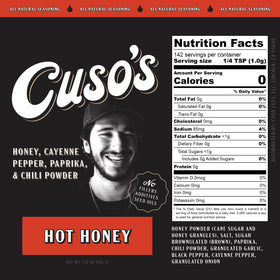 Close-up of Cuso's Cuts Hot Honey BBQ rub jar showing spices, ideal for pork and chicken.