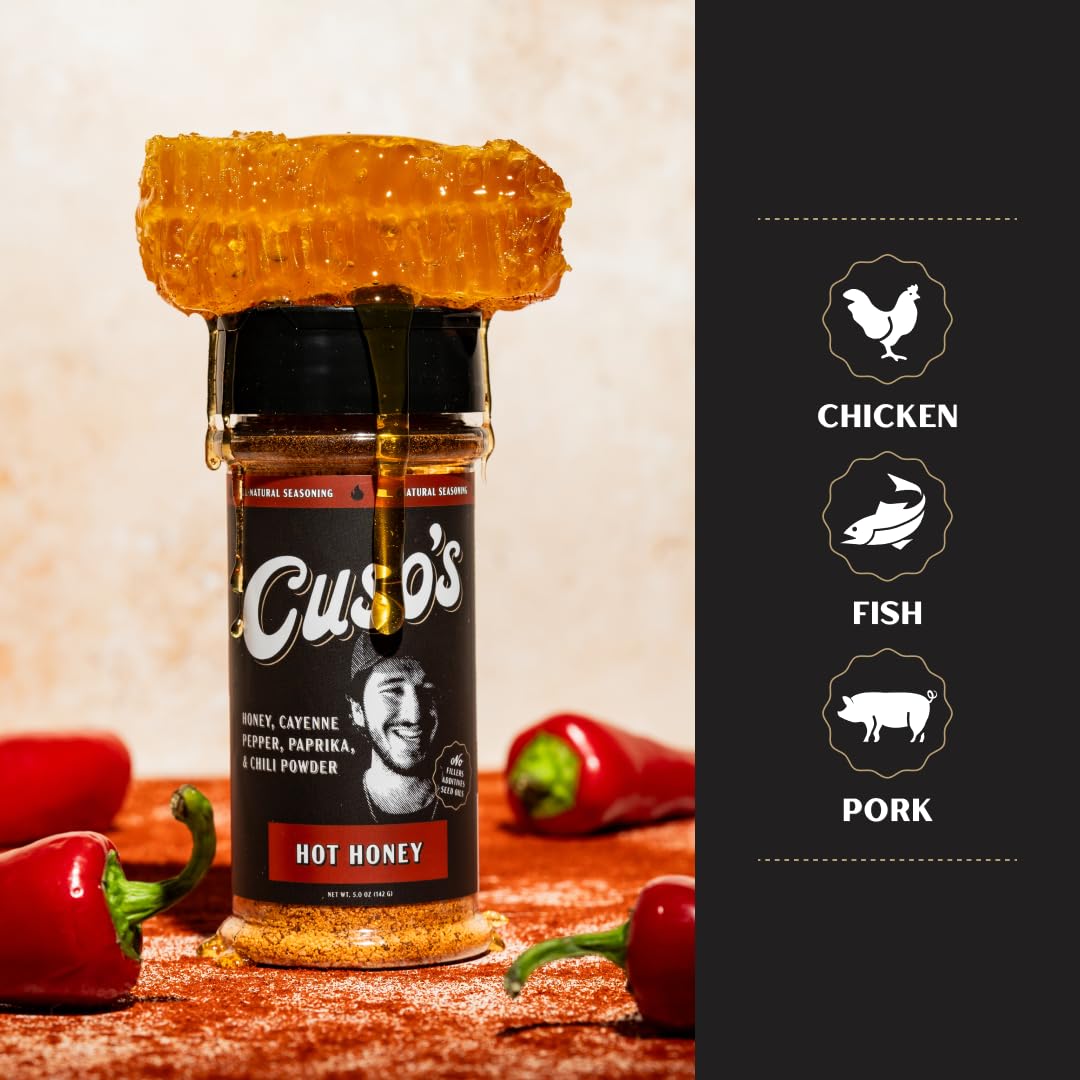 Cuso's Cuts Hot Honey BBQ rub label signals premium flavor profile.