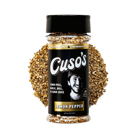 Cuso Cuts Lemon Pepper BBQ Rub bottle front for bold grilled flavor.