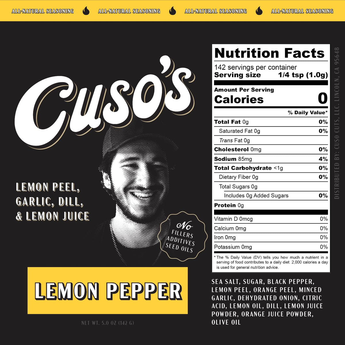 Cuso Cuts Lemon Pepper BBQ Rub bottle pour for quick, easy marinades.