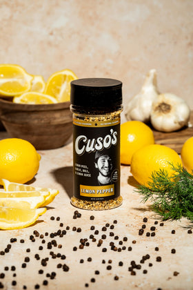 Cuso Cuts Lemon Pepper BBQ Rub grill-ready meat surface emphasizes grilling’s flavor boost.