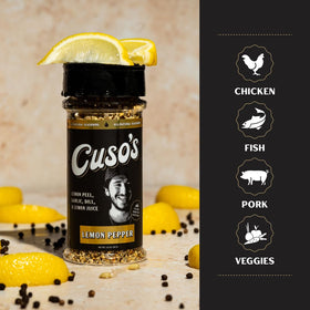Cuso Cuts Lemon Pepper BBQ Rub ribs on grill show smoky-sweet aroma.
