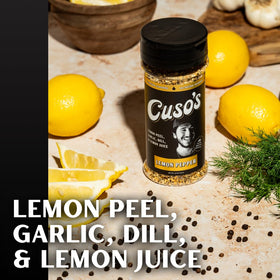 Cuso Cuts Lemon Pepper BBQ Rub spice blend bowl highlights versatile seasoning for beef, pork, and chicken.