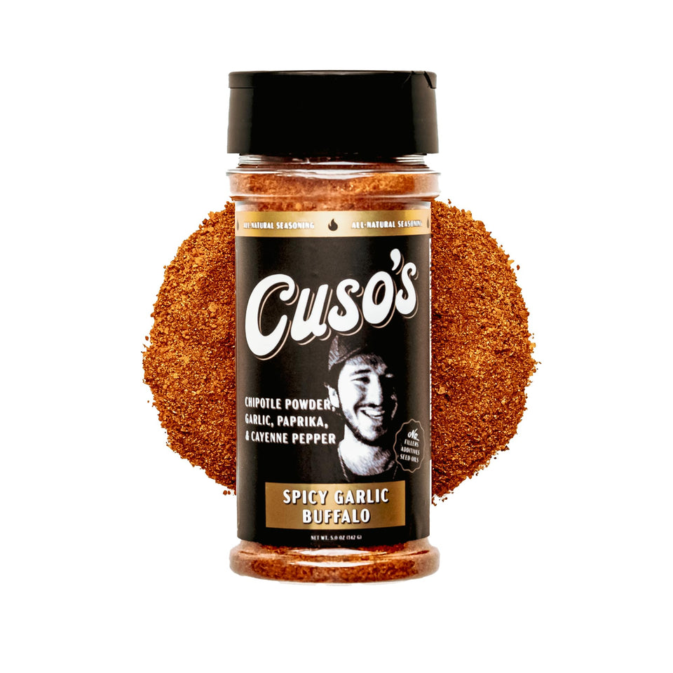 Cuso Cuts Spicy Garlic Buffalo Rub bottle for bold smoky flavor
