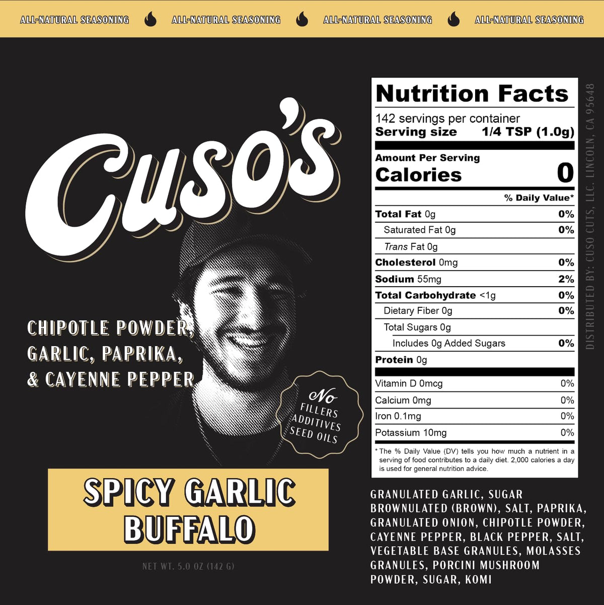 Close-up of Cuso Cuts spice blend with garlic and heat