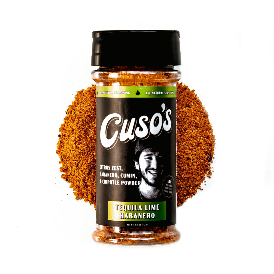 Cuso Cuts Tequila Lime Habanero taco seasoning bottle close-up for bold grilling flavor.