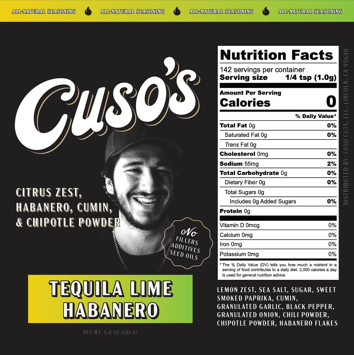 Cuso Cuts Tequila Lime Habanero label close-up highlighting heat level and aroma.