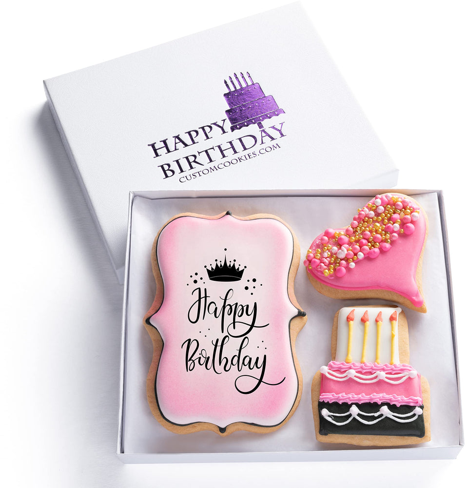 Custom Cookies Happy Birthday gift box with hand-decorated cookies, ideal for celebratory gifting.