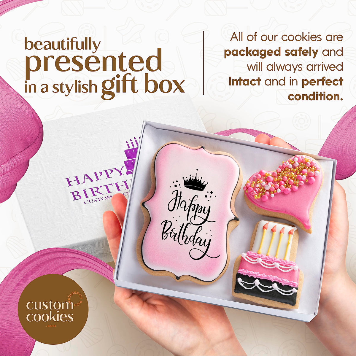Custom Cookies personalized birthday message on top, adds a thoughtful, picture-perfect touch.
