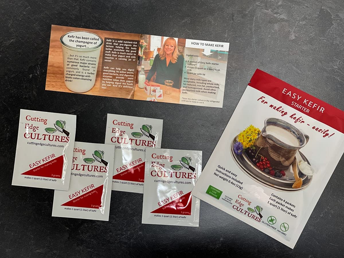 Cutting Edge Cultures Easy Kefir Starter packaging highlights ingredients and quick-use directions