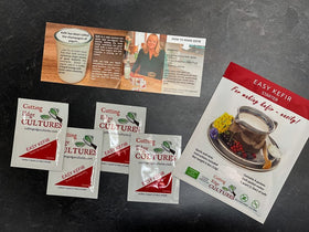 Cutting Edge Cultures Easy Kefir Starter packaging highlights ingredients and quick-use directions