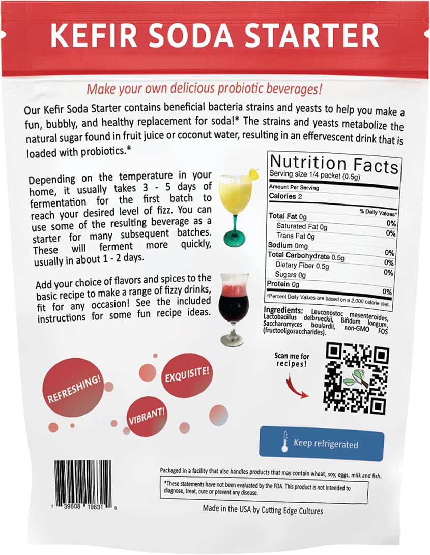 Cutting Edge Cultures kefir soda 8g packet showing compact starter.