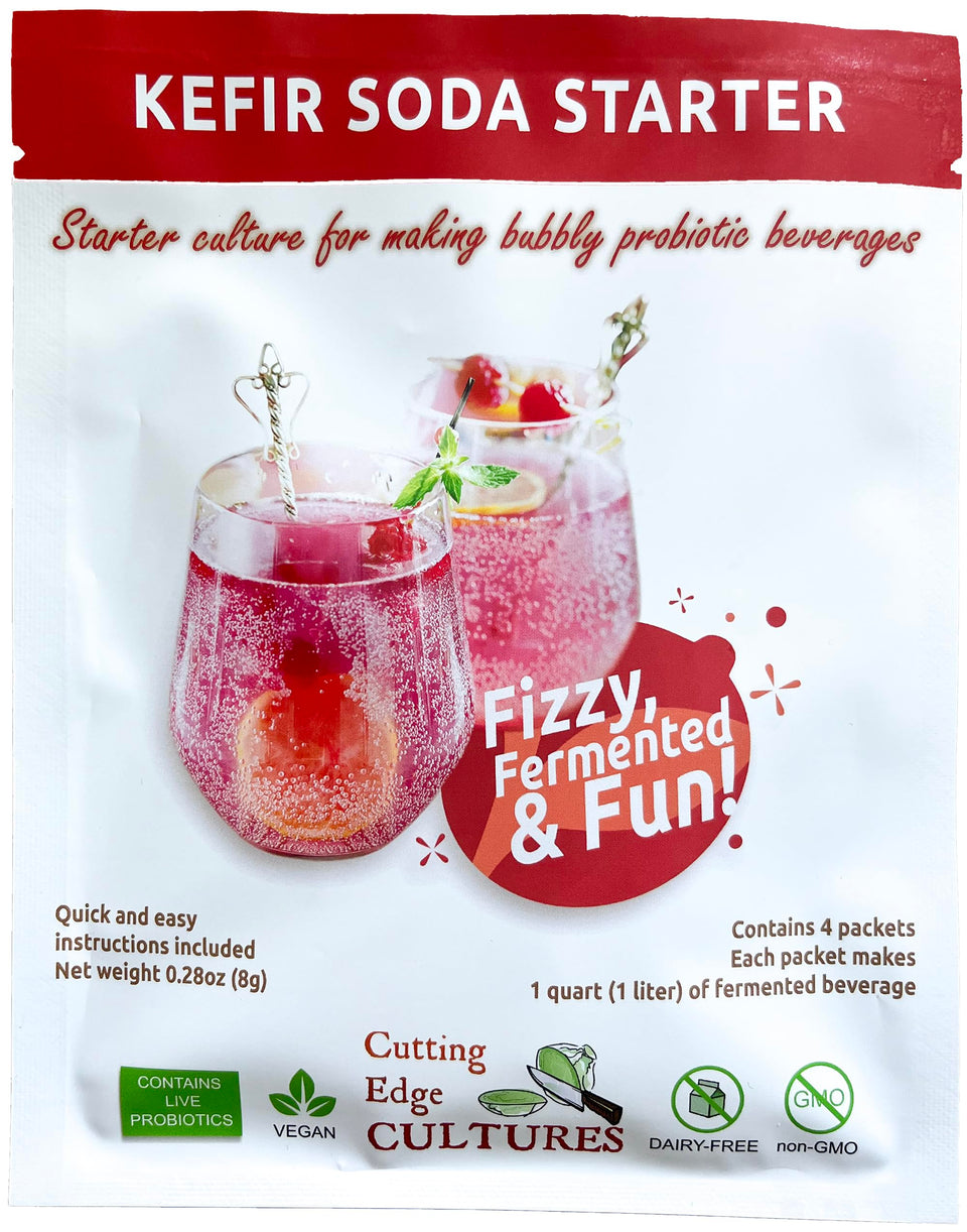 Cutting Edge Cultures kefir soda starter 4-pack ready for fizzy fermentation.