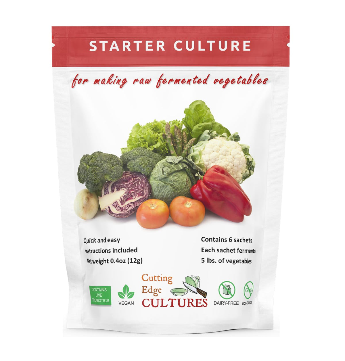 Cutting Edge Cultures vegetable starter culture six-pouch kit ready for fermentation.