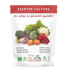 Cutting Edge Cultures vegetable starter culture six-pouch kit ready for fermentation.