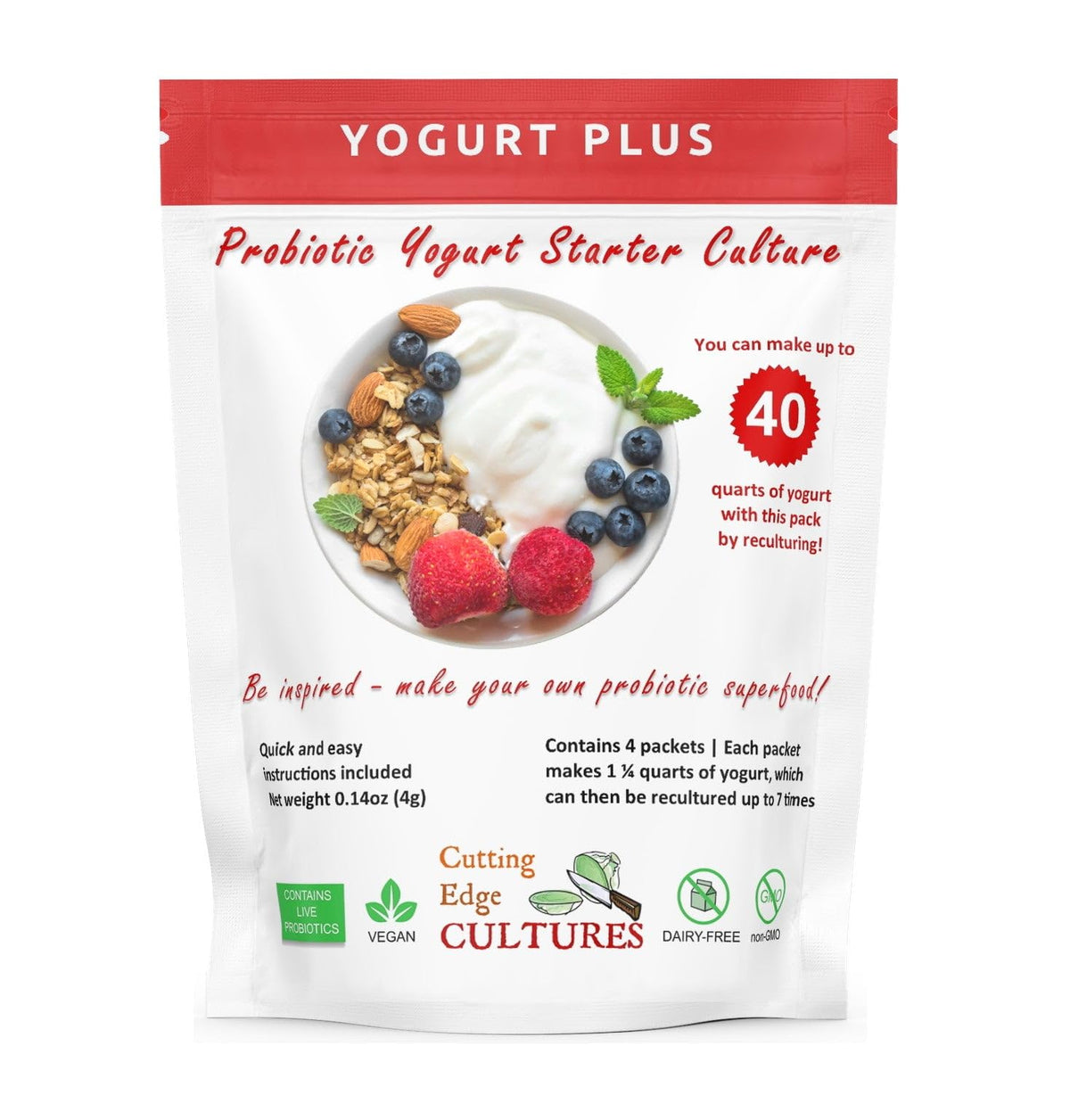 Cutting Edge Cultures Yogurt Plus starter pack visual for homemade probiotic yogurt