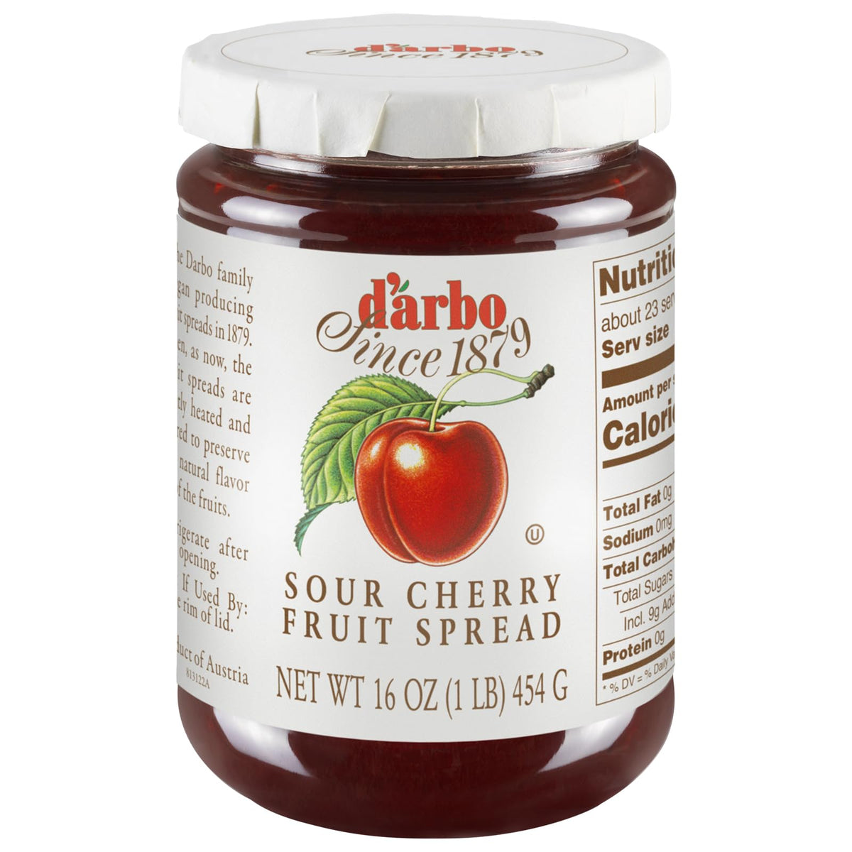 Darbo all-natural sour cherry spread jar close-up with rich fruit flavor for toast