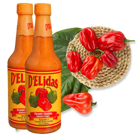 D'ELidas Habanero Hot Sauce bottle front, ready to spice up meals.