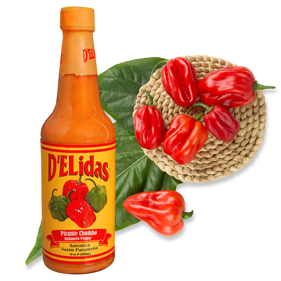 D'ELidas Habanero Hot Sauce bottle front, medium-hot kick for versatile dishes.