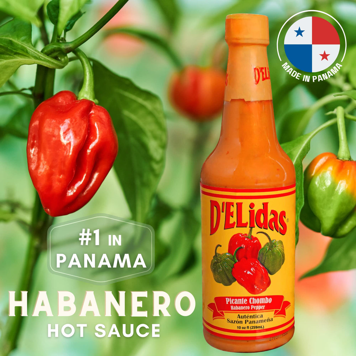D'ELidas Habanero Hot Sauce ingredients closeup highlights habanero peppers and roasted tomatoes.