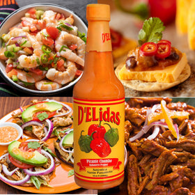 D'ELidas Habanero Hot Sauce label detail emphasizes non-GMO and keto-friendly notes.