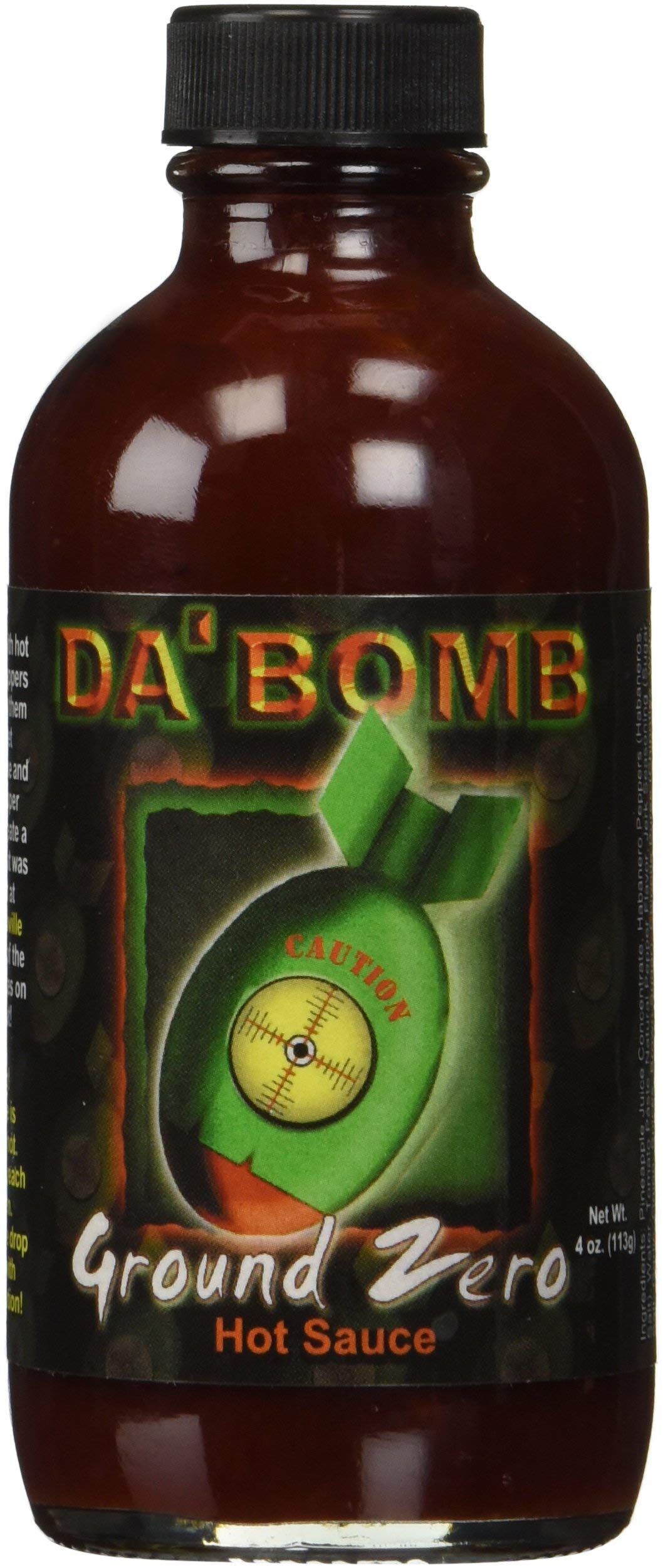 Da Bomb Ground Zero hot sauce bottle front view for bold meals.
