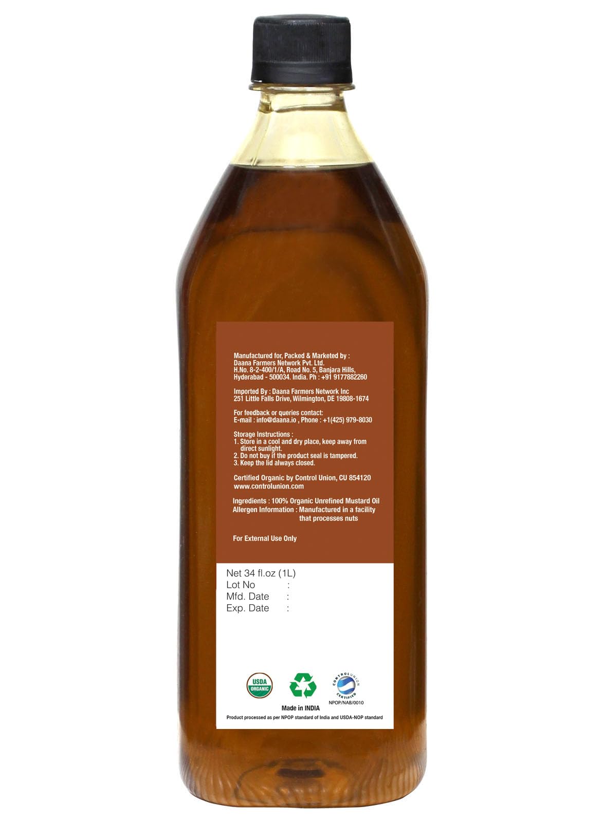 Daana mustard oil amber color in kitchen, enhances aroma and flavor.