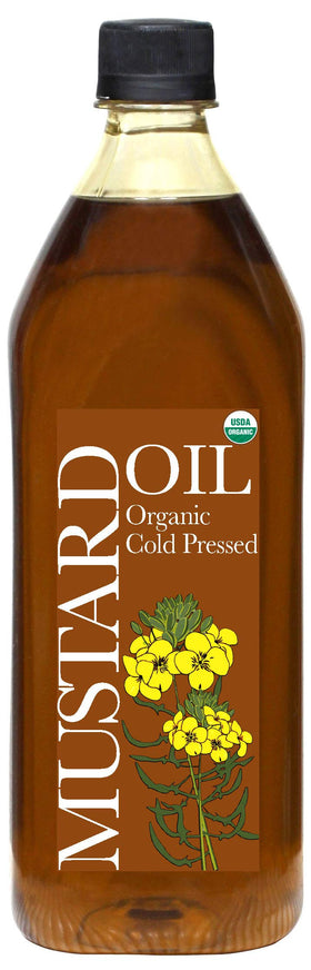 Daana mustard oil bottle with closed cap, rich amber color for cooking.