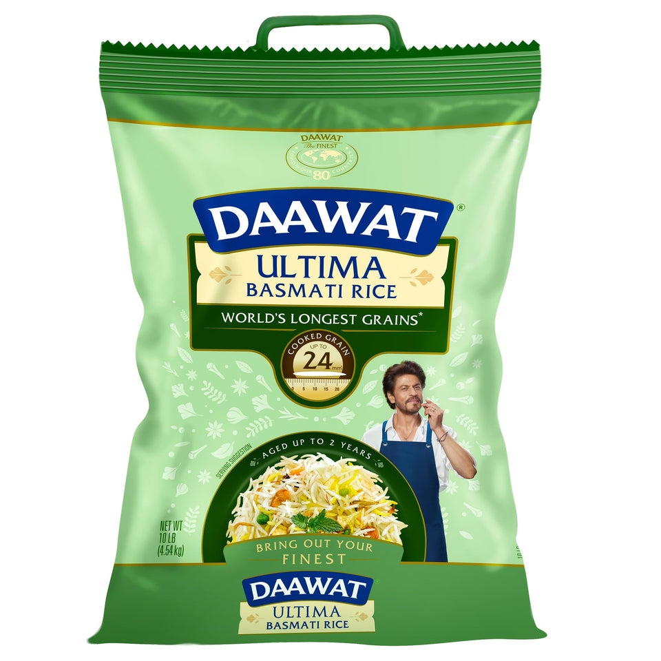 Daawat Ultima Basmati Rice extra-long grain in packaging highlights premium quality and aroma