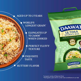 Daawat Ultima Basmati Rice raw Himalaya grains indicate origin and authenticity