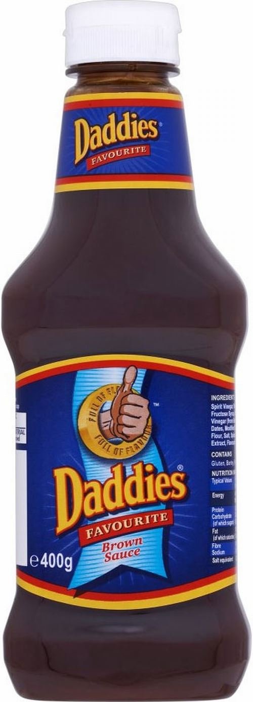 Daddies Brown Sauce bottle pour, tangy meat topping ideal for grilling and roasting.