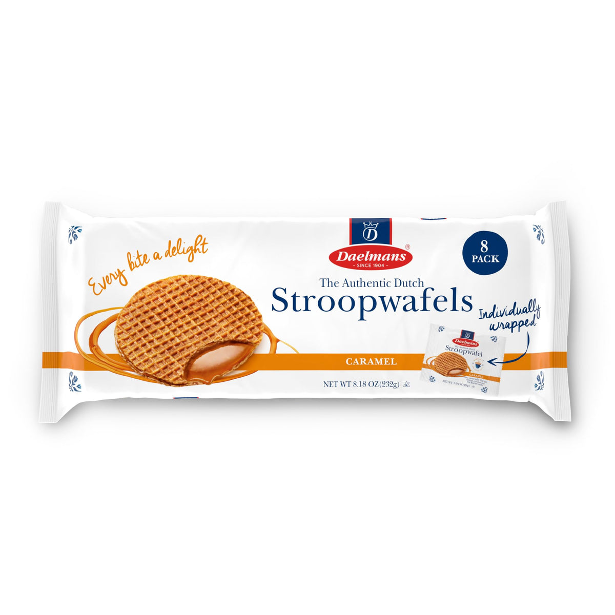 Daelmans caramel-filled stroopwafel with soft toasted texture, ideal with coffee
