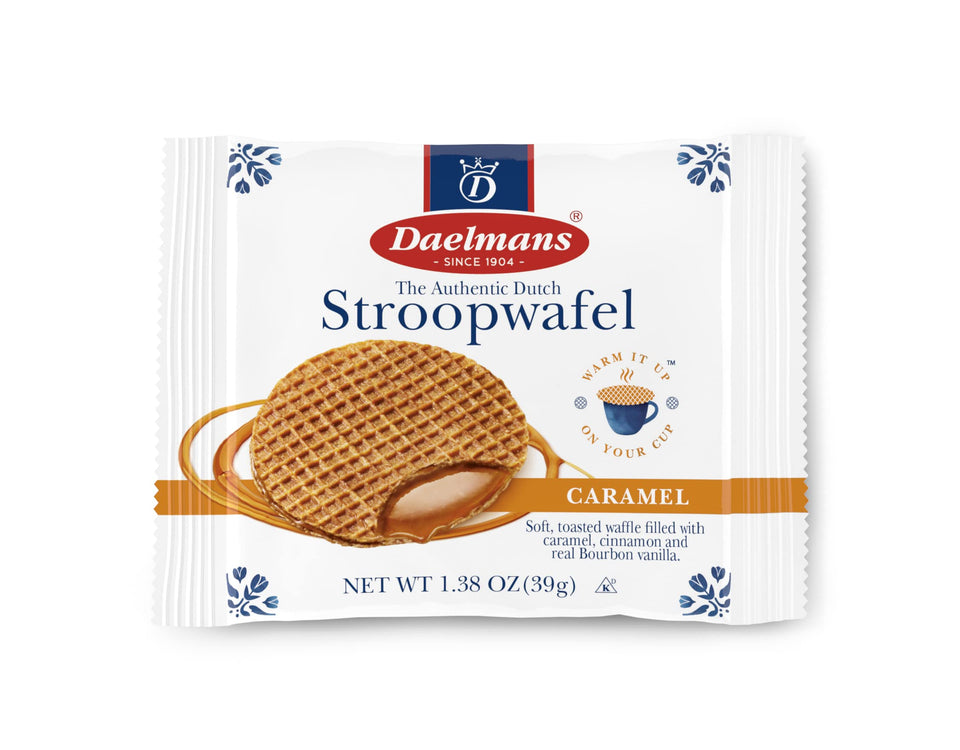 Daelmans Caramel Stroopwafel packaging close-up, ideal for gifting or pantry display.