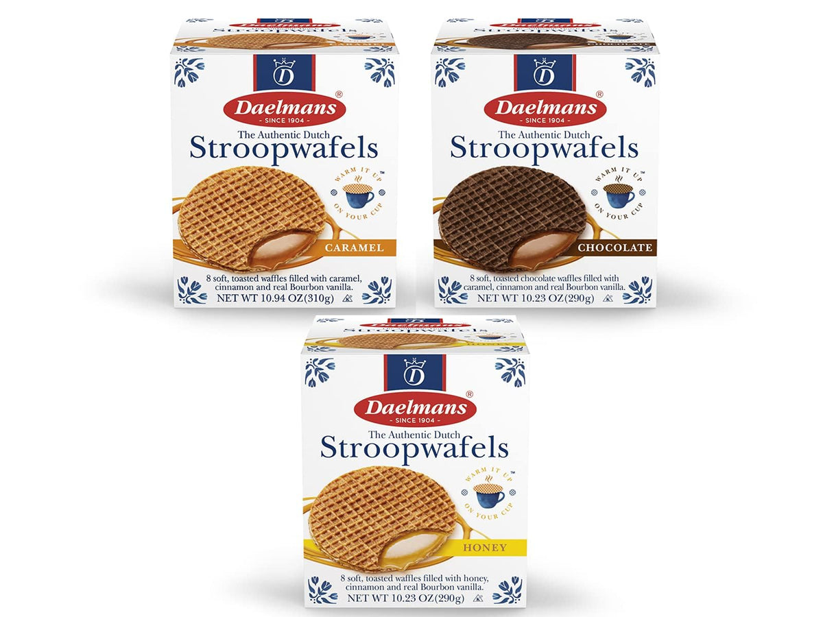 Daelmans Stroopwafel caramel variety: crispy caramel-filled waffle perfect with coffee or tea.